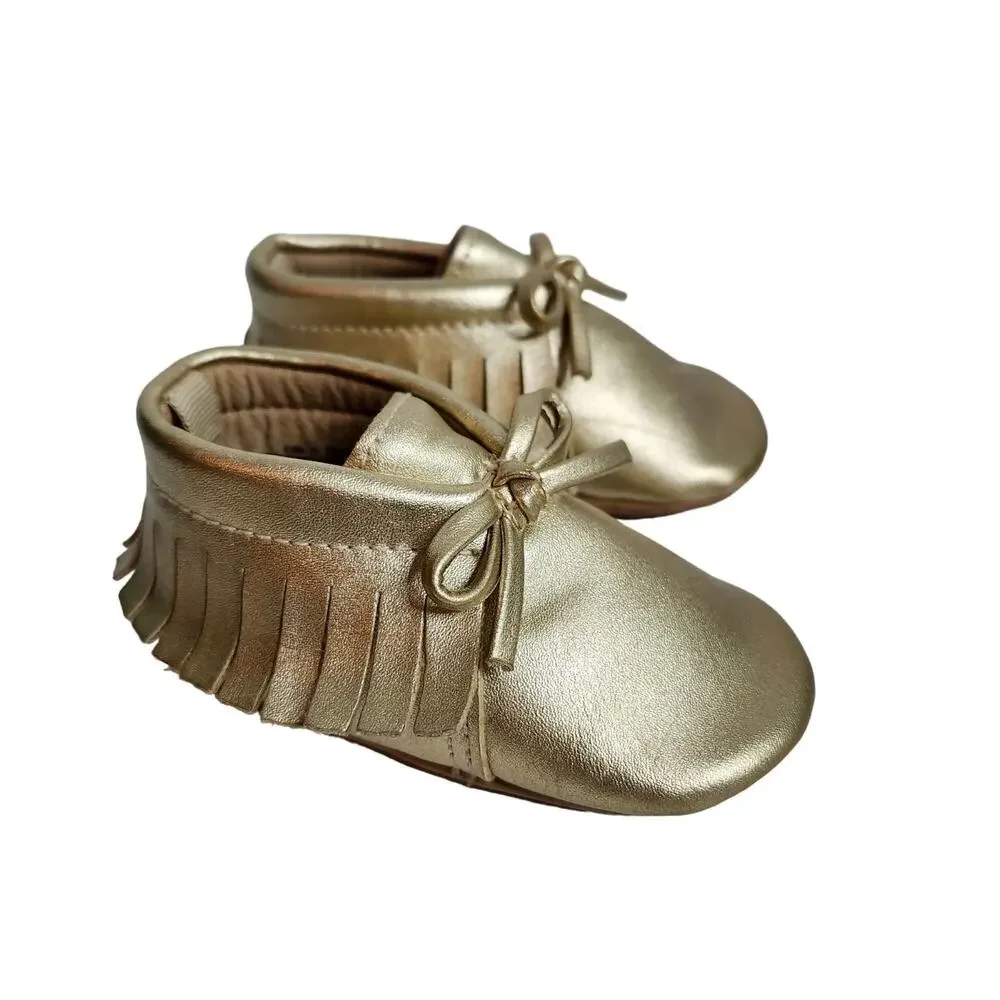 Old Navy Gold Baby Moccasins Shoes Sz 3-6mos / Fringe & Bow